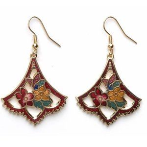 Red Flowers Design Cloisonne Enamel Painted Earrings Handmade